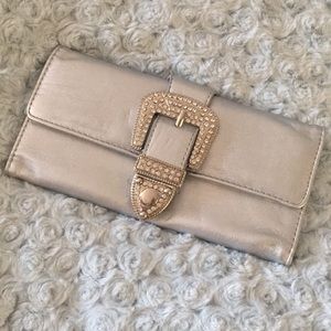 Metallic Silver Rhinestone Belt Buckle Wallet